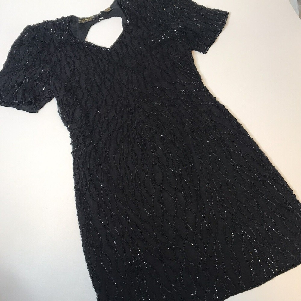 VINTAGE Mark & John XL (L) Black 100% Silk Short Cocktail Dress Beaded Sequin